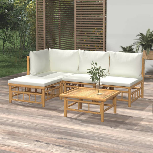 5-tlg. Garten-Lounge-Set mit Cremeweißen Kissen Bambus - Fuer Daheim