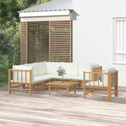 7-tlg. Garten-Lounge-Set mit Cremeweißen Kissen Bambus - Fuer Daheim