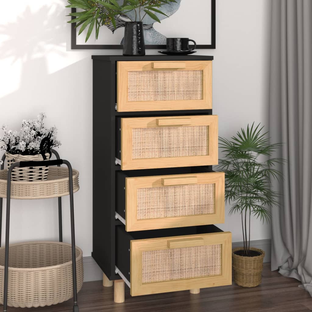 Sideboard Schwarz 40X30X90Cm Massivholz Kiefer Und Natur-Rattan