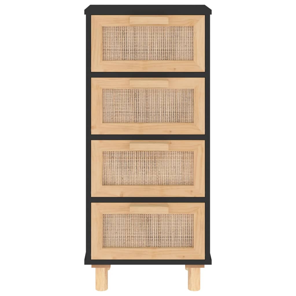 Sideboard Schwarz 40X30X90Cm Massivholz Kiefer Und Natur-Rattan