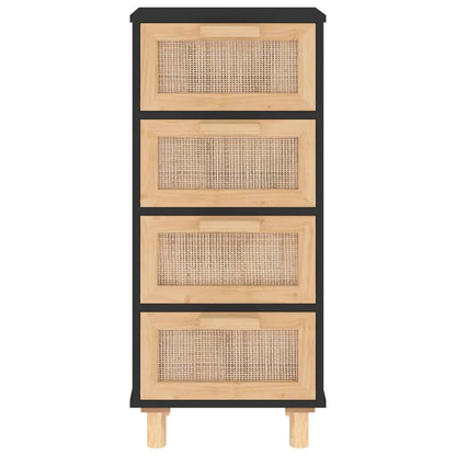 Sideboard Schwarz 40X30X90Cm Massivholz Kiefer Und Natur-Rattan