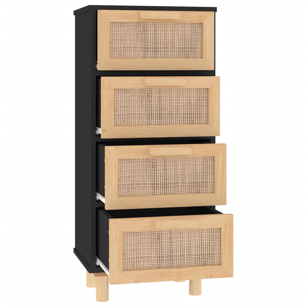 Sideboard Schwarz 40X30X90Cm Massivholz Kiefer Und Natur-Rattan