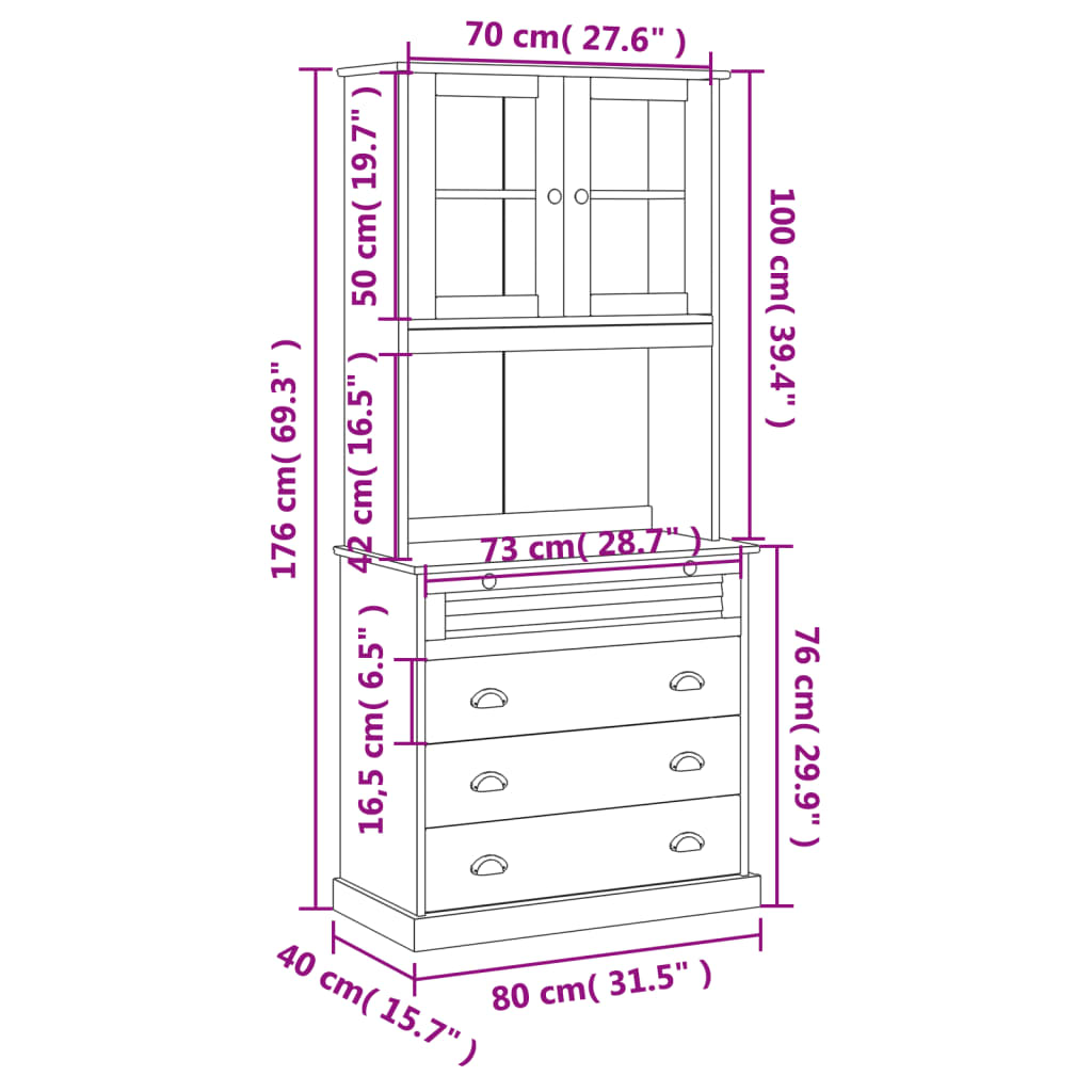 Highboard Vigo Grau 80X40X176 Cm Massivholz Kiefer mit 4 Schubladen - Fuer Daheim