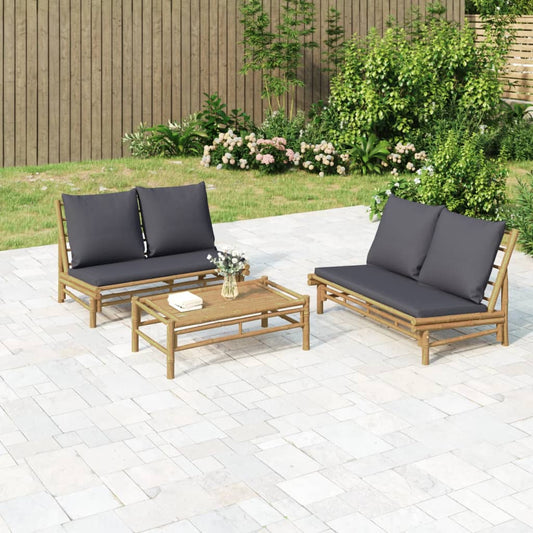 3-Tlg. Garten-Lounge-Set Mit Dunkelgrauen Kissen Bambus 2x Bank + Tisch - Fuer Daheim