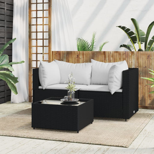 3-Tlg. Garten-Lounge-Set Mit Kissen Schwarz Poly Rattan Schwarz und Weiß 2x Eckteil + Tisch - Fuer Daheim