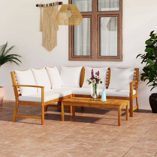 4-Tlg. Garten-Lounge-Set Mit Auflagen Creme Massivholz Akazie Eckteil + 2x Bank + Tisch - Fuer Daheim