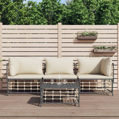 4-Tlg. Garten-Lounge-Set Mit Kissen Anthrazit Poly Rattan Beige 2x Eckteil + Mittelteil + Tisch - Fuer Daheim