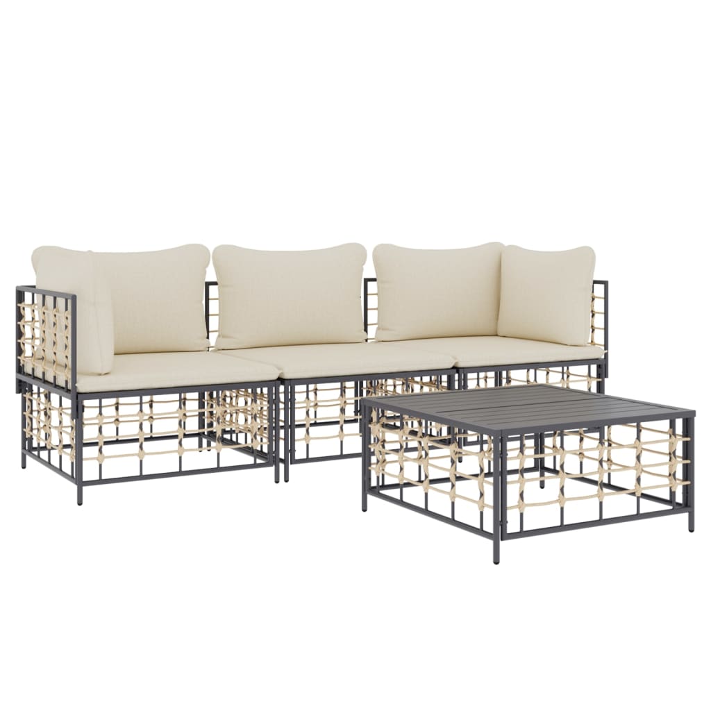 4-Tlg. Garten-Lounge-Set Mit Kissen Anthrazit Poly Rattan Beige 2x Eckteil + Mittelteil + Tisch - Fuer Daheim