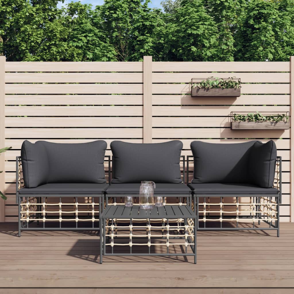 4-Tlg. Garten-Lounge-Set Mit Kissen Anthrazit Poly Rattan Dunkelgrau 2x Eckteil + Mittelteil + Tisch - Fuer Daheim