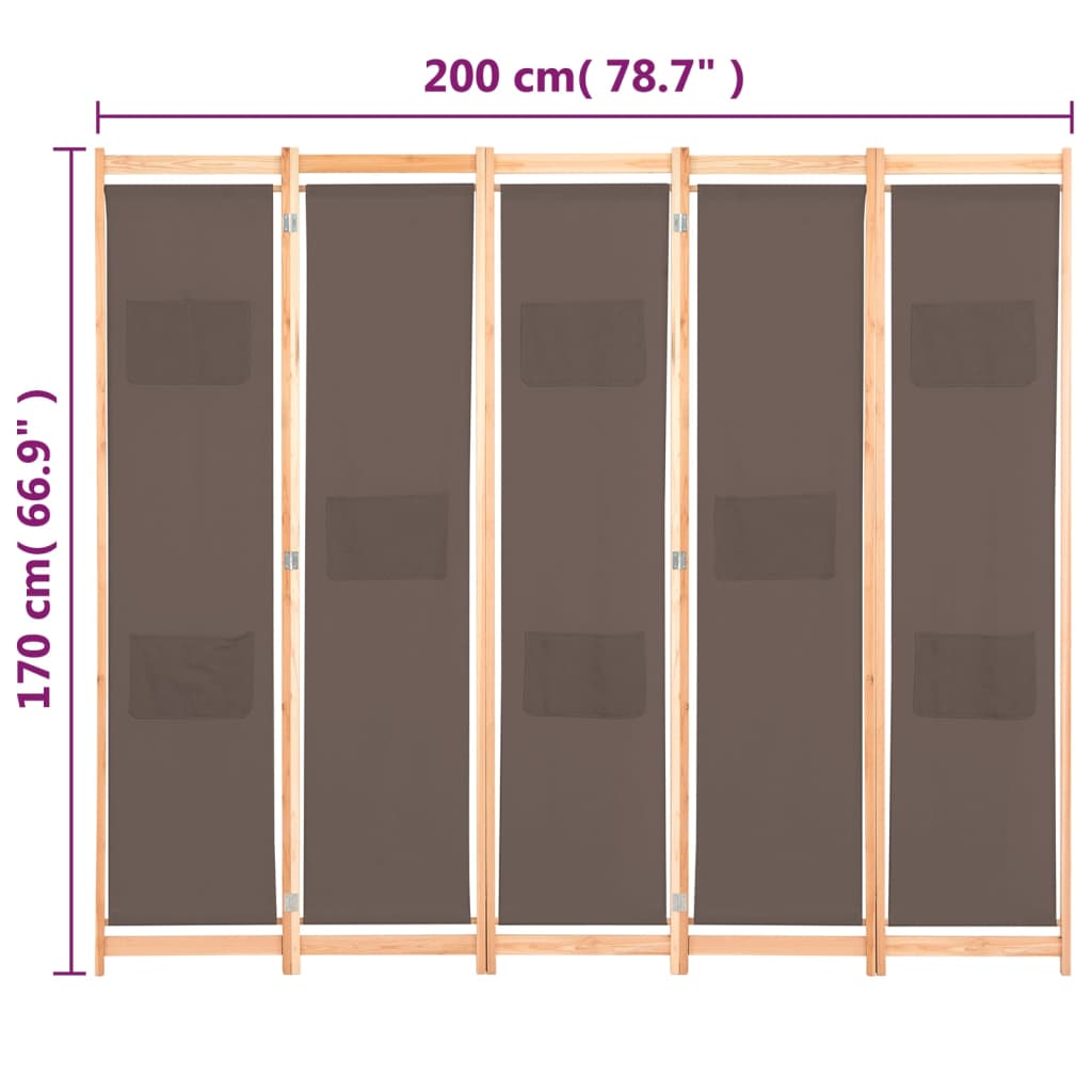 5-Teiliger Raumteiler Braun 200 X 170 X 4 Cm Stoff - Fuer Daheim