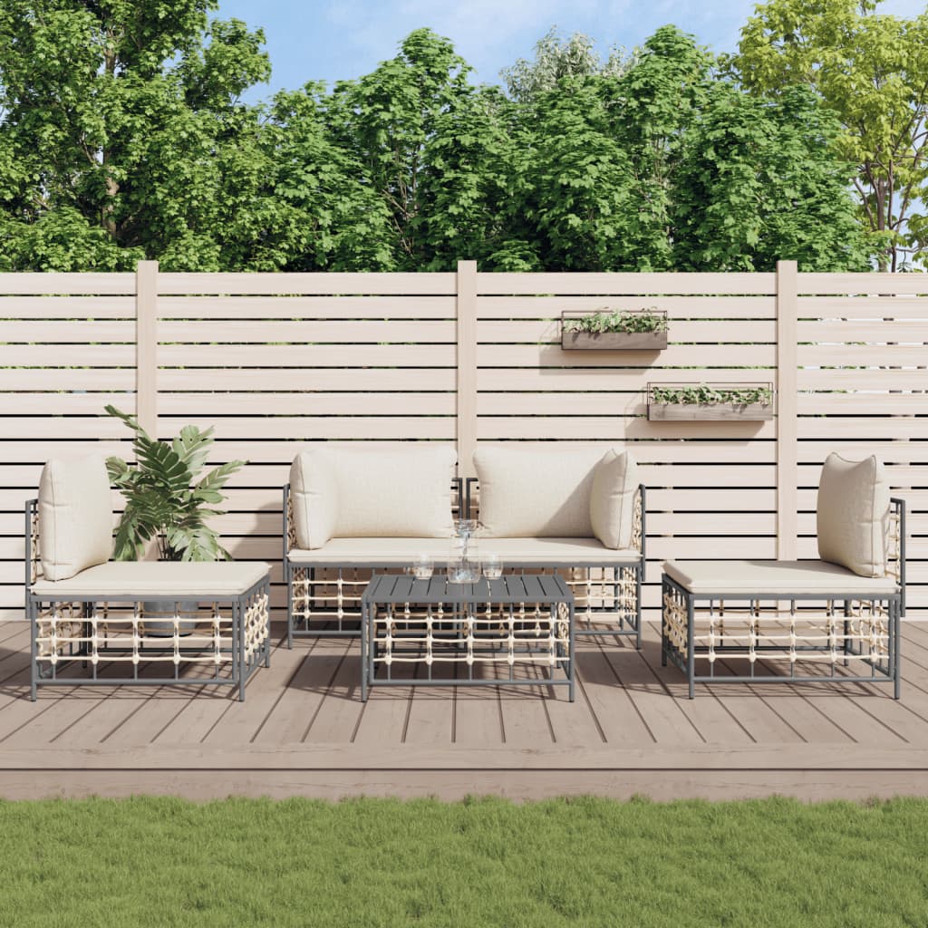 5-Tlg. Garten-Lounge-Set Mit Kissen Anthrazit Poly Rattan Beige 2x Eckteil + 2x Mittelteil + Tisch - Fuer Daheim