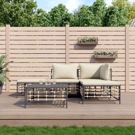 5-Tlg. Garten-Lounge-Set Mit Kissen Anthrazit Poly Rattan Beige Eckteil + Mittelteil + 2x Fußstütze + Tisch - Fuer Daheim