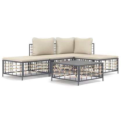 5-Tlg. Garten-Lounge-Set Mit Kissen Anthrazit Poly Rattan Beige Eckteil + Mittelteil + 2x Fußstütze + Tisch - Fuer Daheim