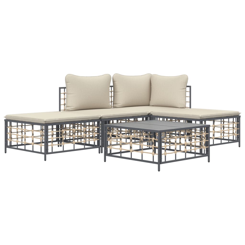 5-Tlg. Garten-Lounge-Set Mit Kissen Anthrazit Poly Rattan Beige Eckteil + Mittelteil + 2x Fußstütze + Tisch - Fuer Daheim