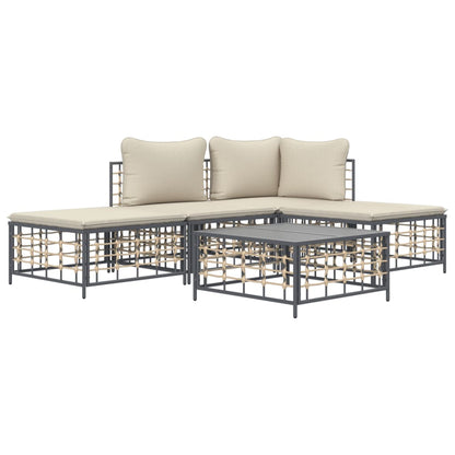 5-Tlg. Garten-Lounge-Set Mit Kissen Anthrazit Poly Rattan Beige Eckteil + Mittelteil + 2x Fußstütze + Tisch - Fuer Daheim