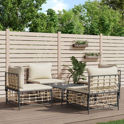 5-Tlg. Garten-Lounge-Set Mit Kissen Anthrazit Poly Rattan Beige - Fuer Daheim