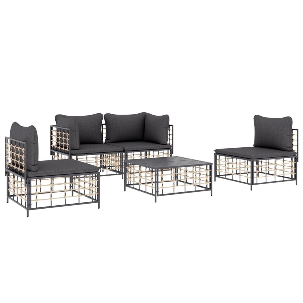 5-Tlg. Garten-Lounge-Set Mit Kissen Anthrazit Poly Rattan Dunkelgrau 2x Eckteil + 2x Mittelteil + Tisch - Fuer Daheim