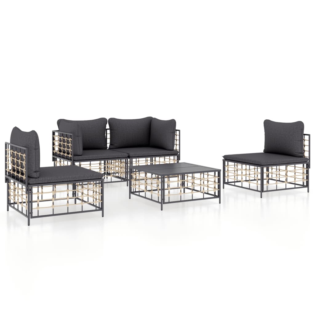 5-Tlg. Garten-Lounge-Set Mit Kissen Anthrazit Poly Rattan Dunkelgrau 2x Eckteil + 2x Mittelteil + Tisch - Fuer Daheim