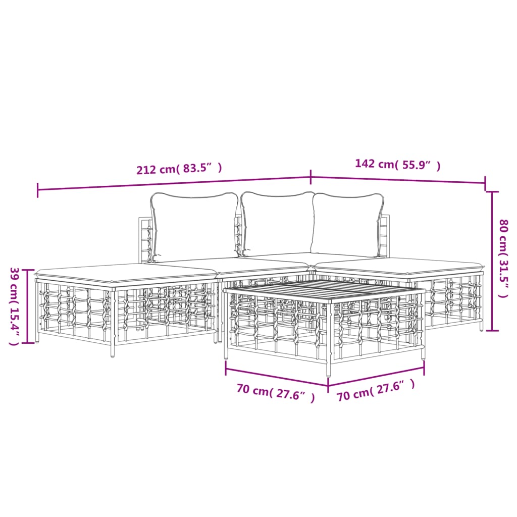 5-Tlg. Garten-Lounge-Set Mit Kissen Anthrazit Poly Rattan Dunkelgrau Eckteil + Mittelteil + 2x Fußstütze + Tisch -Fuer Daheim