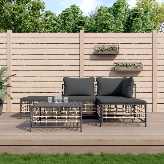 5-Tlg. Garten-Lounge-Set Mit Kissen Anthrazit Poly Rattan Dunkelgrau Eckteil + Mittelteil + 2x Fußstütze + Tisch -Fuer Daheim