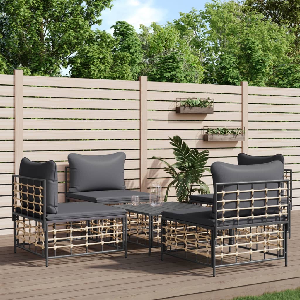 5-Tlg. Garten-Lounge-Set Mit Kissen Anthrazit Poly Rattan Dunkelgrau - Fuer Daheim