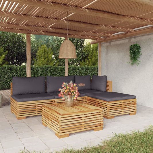 5-Tlg. Garten-Lounge-Set Mit Kissen Massivholz Teak Dunkelgrau Eckteil + 2x Mittelteil + 2x Fußstütze - Fuer Daheim