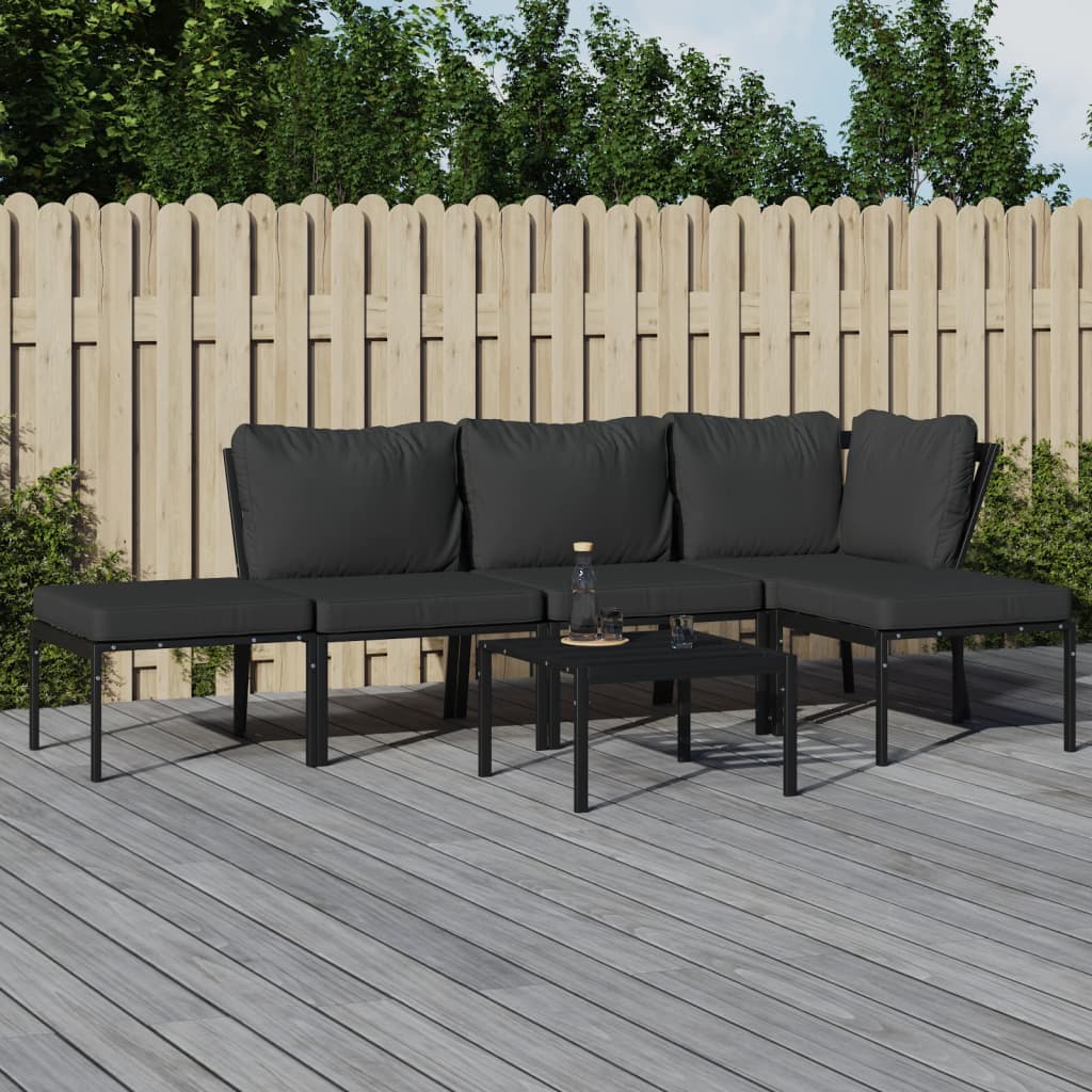 6-Tlg. Garten-Lounge-Set Mit Grauen Kissen Stahl Eckteil + 2x Mittelteil + 2x Fußstütze + Tisch - Fuer Daheim