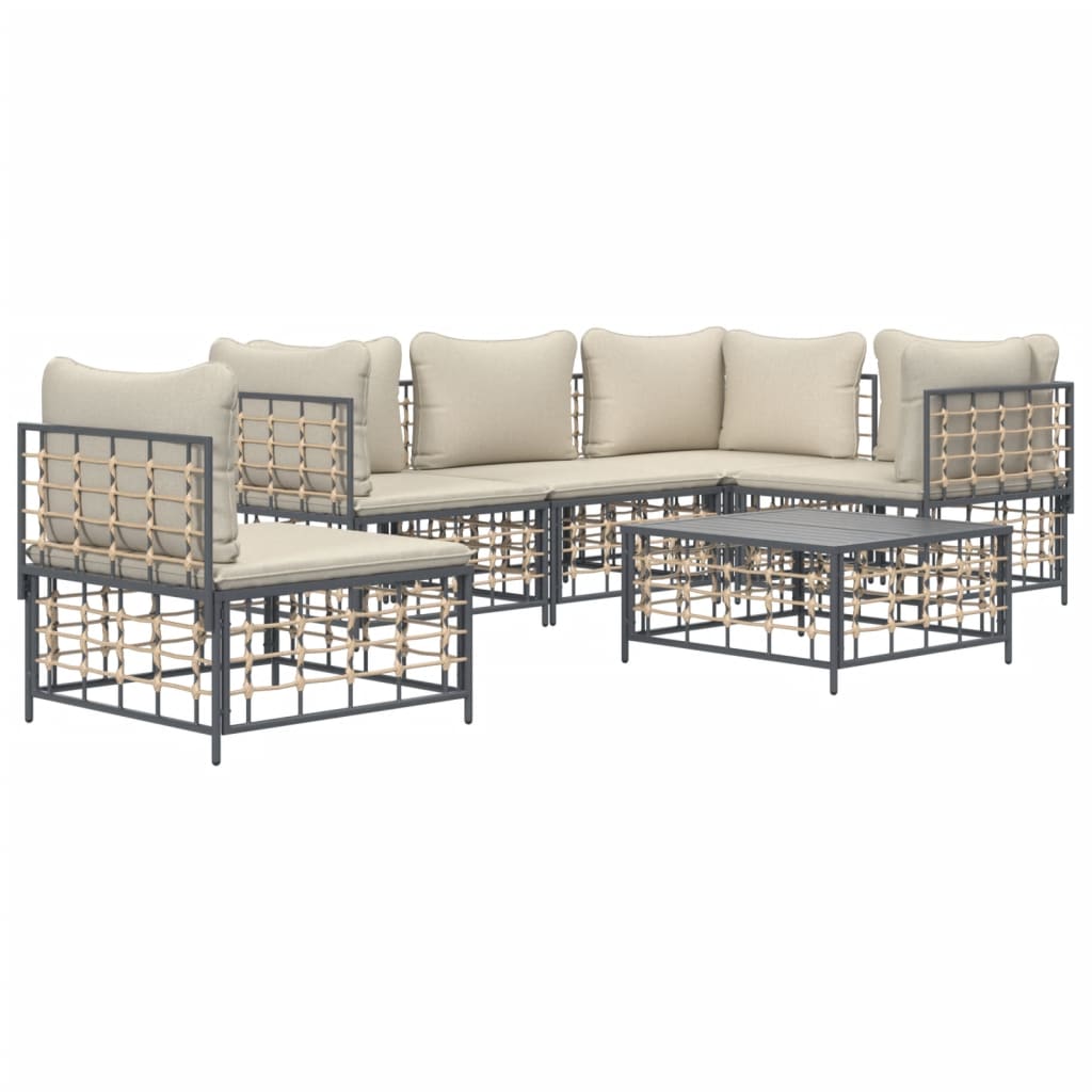 6-Tlg. Garten-Lounge-Set Mit Kissen Anthrazit Poly Rattan Beige 3x Eckteil + 2x Mittelteil + Tisch - Fuer Daheim