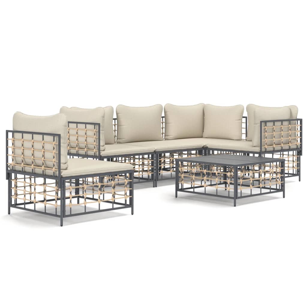 6-Tlg. Garten-Lounge-Set Mit Kissen Anthrazit Poly Rattan Beige 3x Eckteil + 2x Mittelteil + Tisch - Fuer Daheim