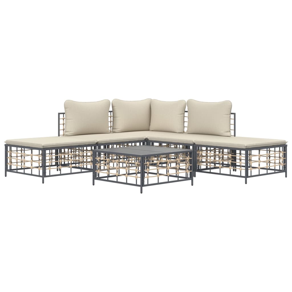 6-Tlg. Garten-Lounge-Set Mit Kissen Anthrazit Poly Rattan Beige Eckteil + 2x Mittelteil + 2x Fußstütze + Tisch - Fuer Daheim