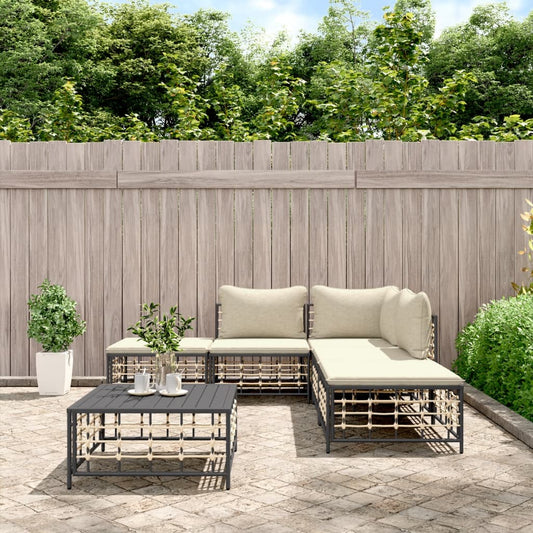 6-Tlg. Garten-Lounge-Set Mit Kissen Anthrazit Poly Rattan Beige Eckteil + 2x Mittelteil + 2x Fußstütze + Tisch - Fuer Daheim