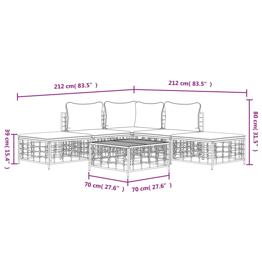 6-Tlg. Garten-Lounge-Set Mit Kissen Anthrazit Poly Rattan Dunkelgrau Eckteil +2x Mittelteil +2x Fußstütze +Tisch -Fuer Daheim