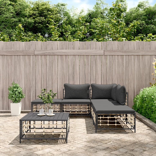 6-Tlg. Garten-Lounge-Set Mit Kissen Anthrazit Poly Rattan Dunkelgrau Eckteil +2x Mittelteil +2x Fußstütze +Tisch -Fuer Daheim