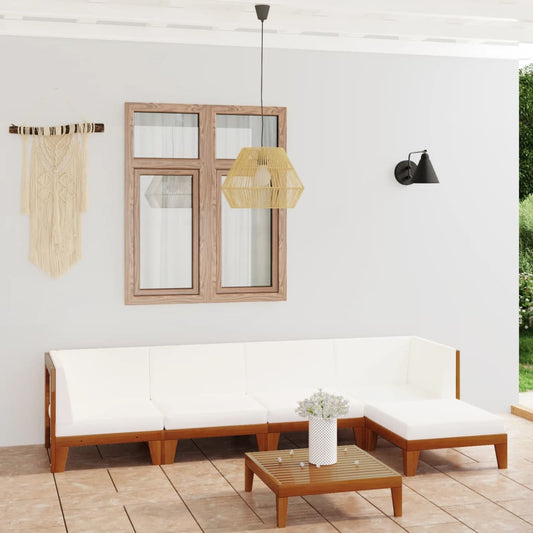 6-Tlg. Garten-Lounge-Set Mit Kissen Massivholz Akazie Creme 2x Mittelteil + 2x Eckteil + Fußstütze + Tisch - Fuer Daheim