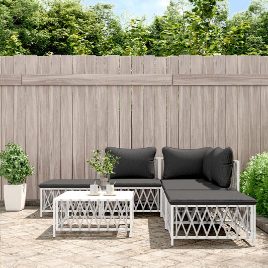 6-Tlg. Garten-Lounge-Set Mit Kissen Weiß Stahl Eckteil + 2x Mittelteil + 2x Fußstütze + Tisch - Fuer Daheim