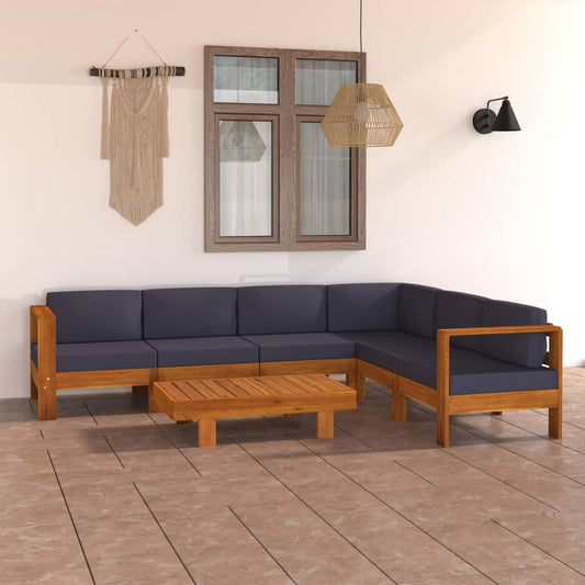 7-Tlg. Garten-Lounge-Set Mit Dunkelgrauen Auflagen Akazienholz 1 Eckteil + 5x Mittelteil + Tisch - Fuer Daheim