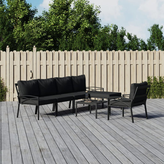 7-Tlg. Garten-Lounge-Set Mit Grauen Kissen Stahl 2x middle + 2x chair + armchair + 2x footrest - Fuer Daheim