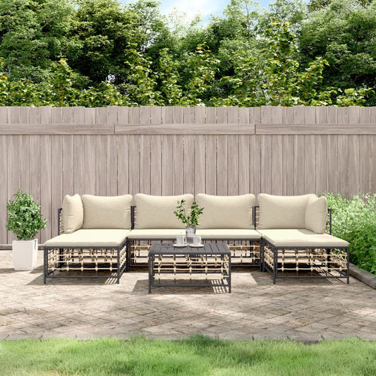 7-Tlg. Garten-Lounge-Set Mit Kissen  Poly Rattan Beige 2x Eckteil + 2x Mittelteil + 2x Fußstütze + Tisch - Fuer Daheim