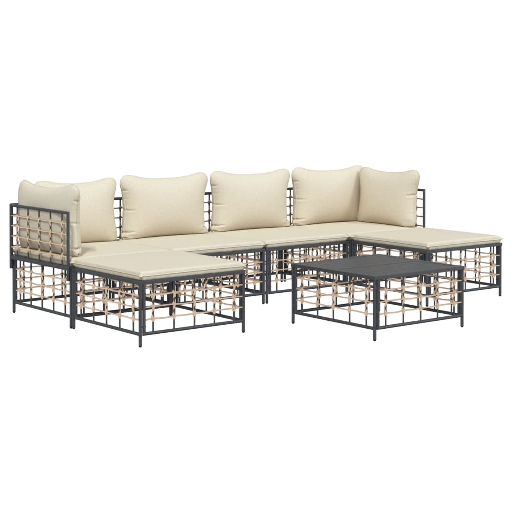 7-Tlg. Garten-Lounge-Set Mit Kissen Poly Rattan Beige 2x Eckteil + 2x Mittelteil + 2x Fußstütze + Tisch - Fuer Daheim