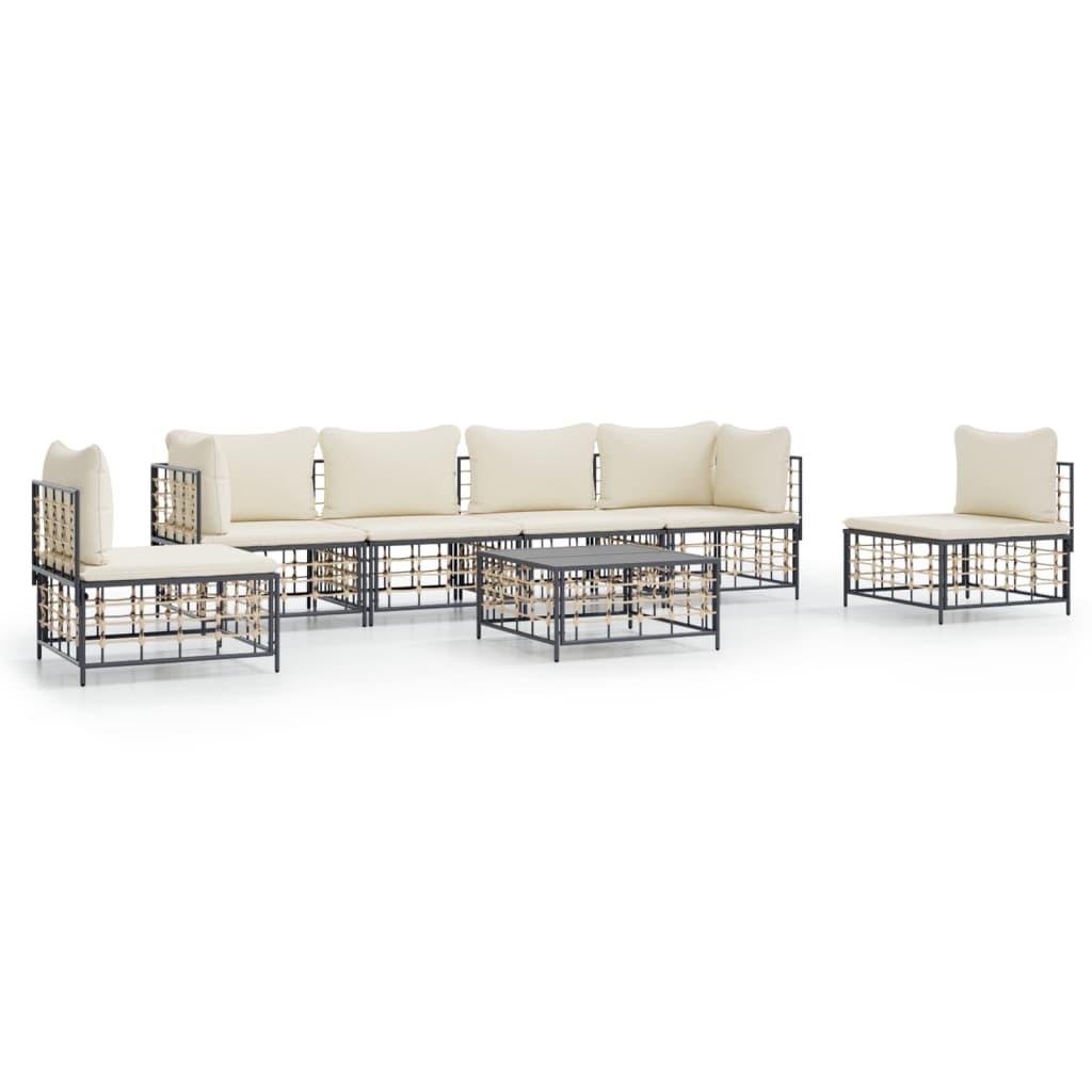 7-Tlg. Garten-Lounge-Set Mit Kissen Anthrazit Poly Rattan Beige 2x Eckteil + 4x Mittelteil + Tisch - Fuer Daheim