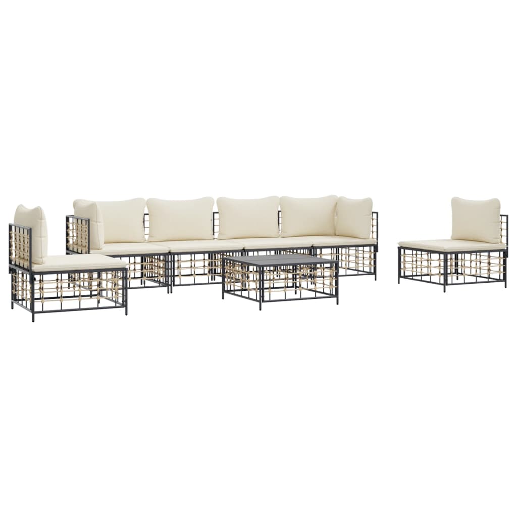 7-Tlg. Garten-Lounge-Set Mit Kissen Anthrazit Poly Rattan Beige 2x Eckteil + 4x Mittelteil + Tisch - Fuer Daheim