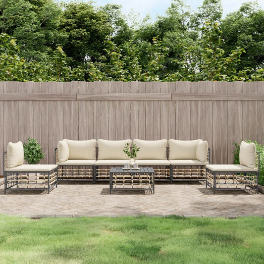 7-Tlg. Garten-Lounge-Set Mit Kissen Anthrazit Poly Rattan Beige 2x Eckteil + 4x Mittelteil + Tisch - Fuer Daheim