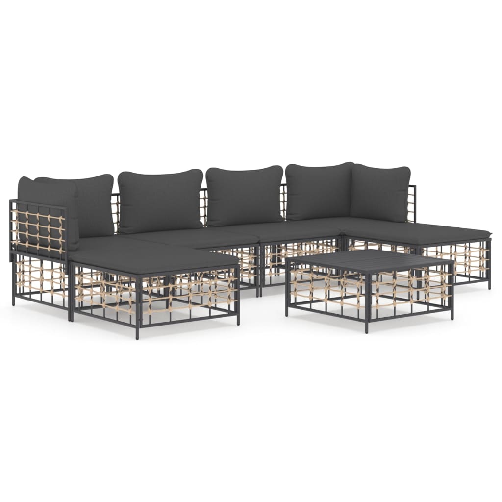 7-Tlg. Garten-Lounge-Set Mit Kissen Poly Rattan Dunkelgrau 2x Eckteil + 2x Mittelteil + 2x Fußstütze + Tisch - Fuer Daheim