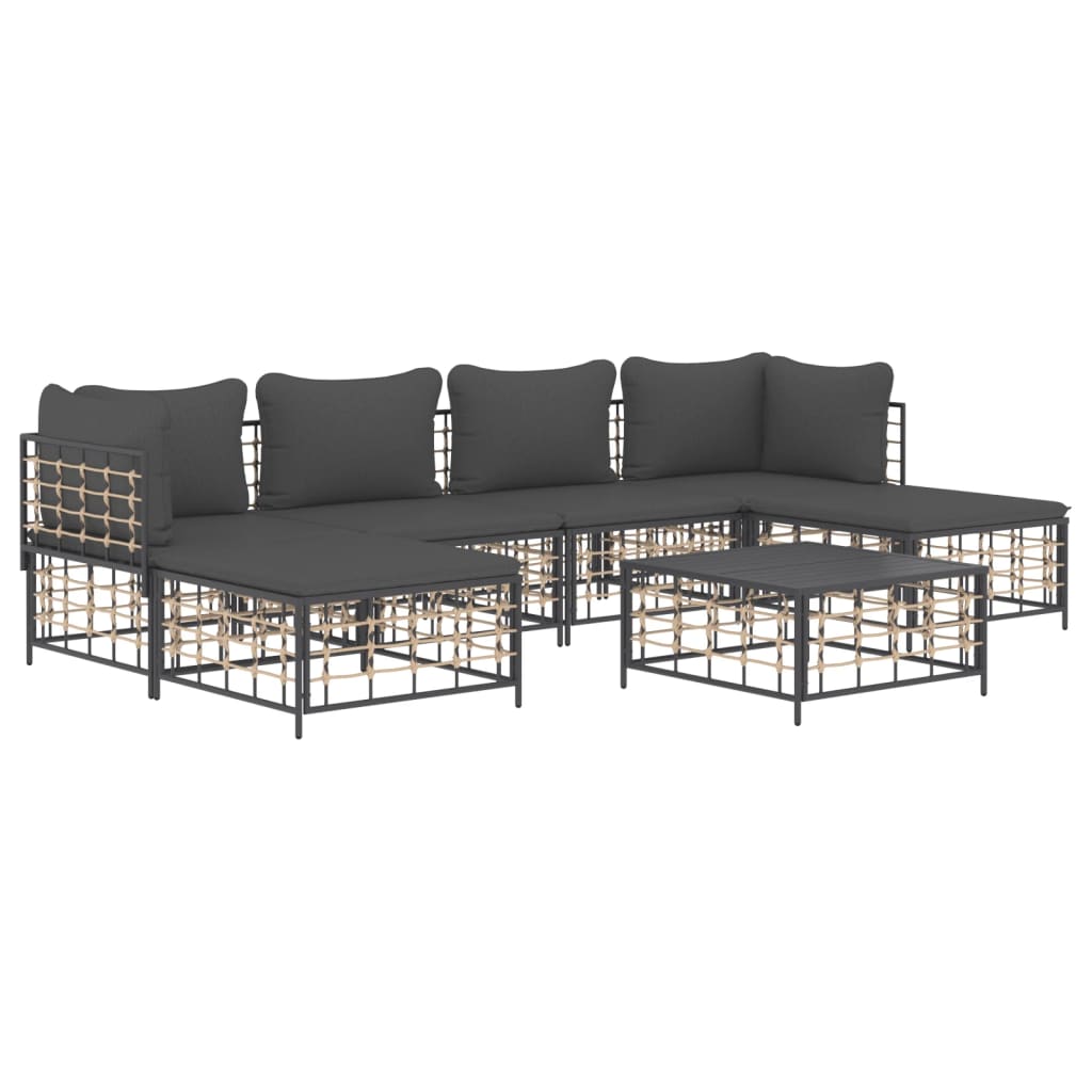 7-Tlg. Garten-Lounge-Set Mit Kissen  Poly Rattan Dunkelgrau 2x Eckteil + 2x Mittelteil + 2x Fußstütze + Tisch - Fuer Daheim