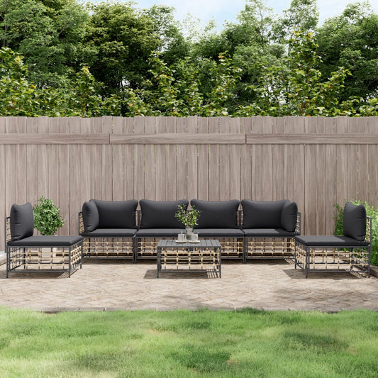 7-Tlg. Garten-Lounge-Set Mit Kissen Anthrazit Poly Rattan Dunkelgrau 2x Eckteil + 4x Mittelteil + Tisch - Fuer Daheim