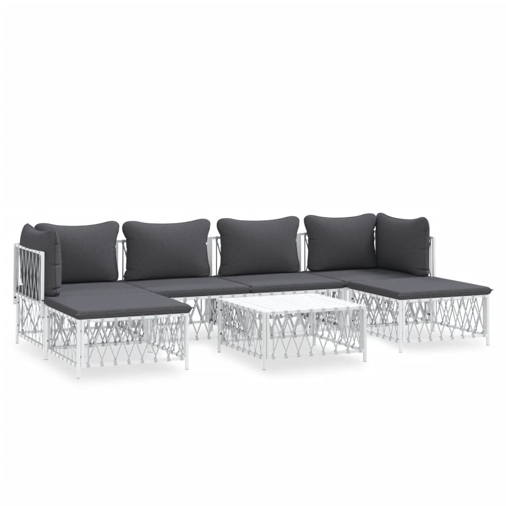 7-Tlg. Garten-Lounge-Set Mit Kissen Weiß Stahl 2x Eckteil + 2x Mittelteil + 2x Fußstütze + Tisch - Fuer Daheim