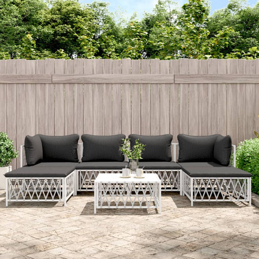 7-Tlg. Garten-Lounge-Set Mit Kissen Weiß Stahl 2x Eckteil + 2x Mittelteil + 2x Fußstütze + Tisch - Fuer Daheim