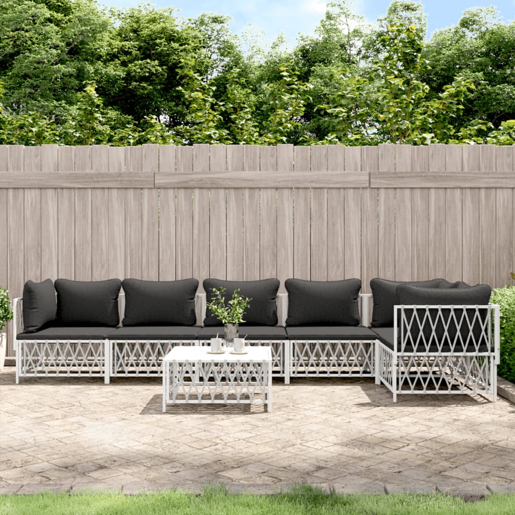 7-Tlg. Garten-Lounge-Set Mit Kissen Weiß Stahl 3x Eckteil + 3x Mittelteil + Tisch - Fuer Daheim