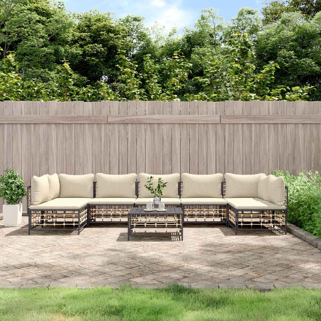 8-Tlg. Garten-Lounge-Set Mit Kissen Anthrazit Poly Rattan Beige 2x Eckteil + 5x Mittelteil + Tisch - Fuer Daheim