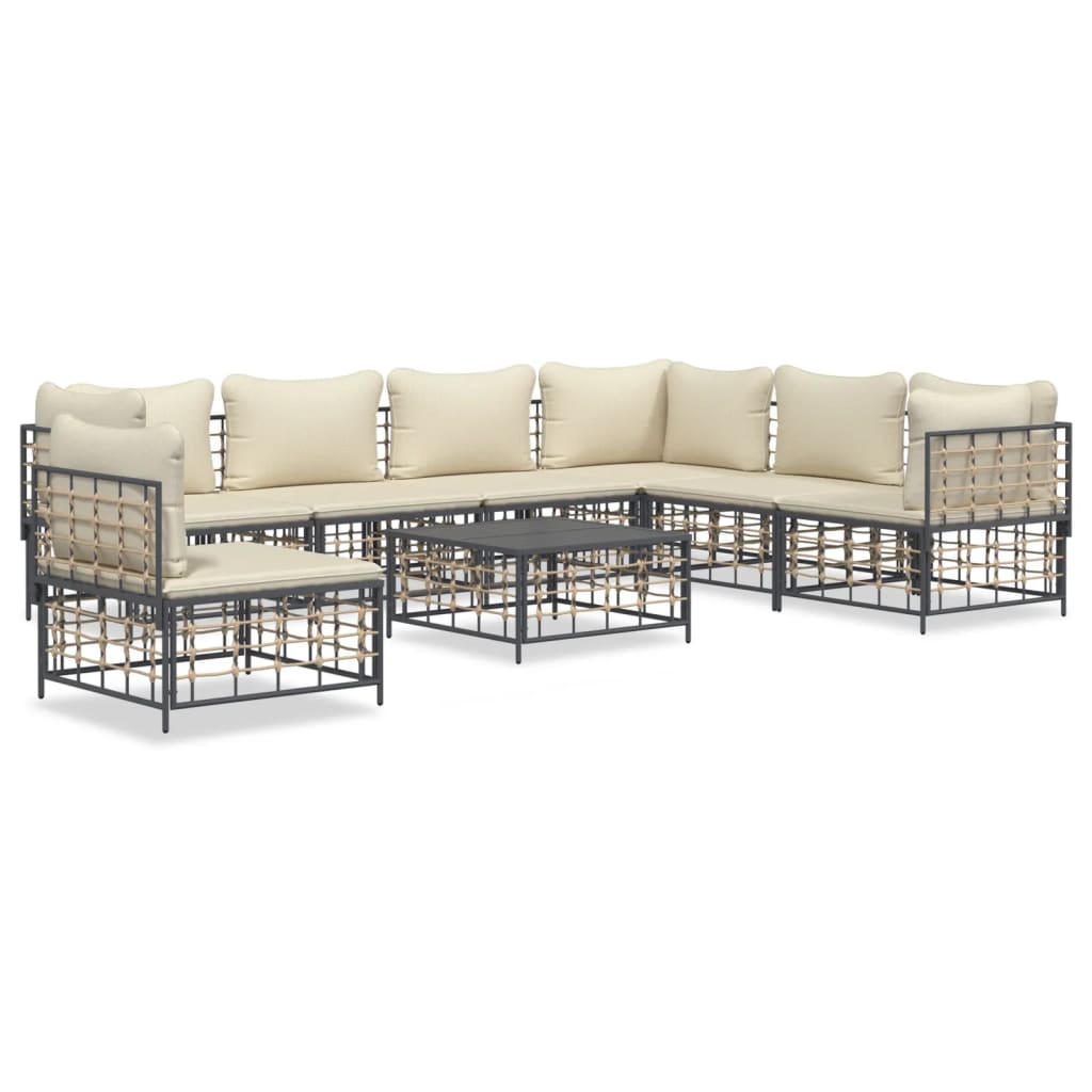 8-Tlg. Garten-Lounge-Set Mit Kissen Anthrazit Poly Rattan Beige 3x Eckteil + 4x Mittelteil + Tisch - Fuer Daheim